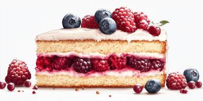 Delicious layered cake with raspberry and blueberry toppings served on a white background photo