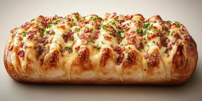 Freshly baked bread loaf topped with melted cheese and crispy bacon, garnished with herbs photo