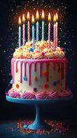 Celebratory birthday cake with colorful candles and confetti glowing against a dark background photo