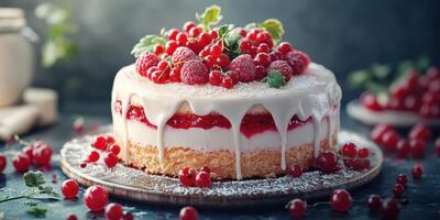 Delicious raspberry cream cake topped with fresh berries and mint on a rustic wooden table photo