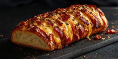 Savory bread loaf topped with crispy bacon and melted cheese served on a dark stone platter photo