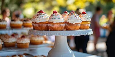 Colorful cupcakes displayed at an outdoor event in a vibrant garden setting during a sunny afternoon photo
