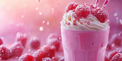 Delicious raspberry milkshake topped with whipped cream and fresh fruit in a vibrant setting photo