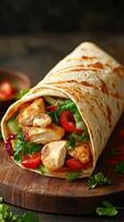 Chicken and vegetable wrap on a wooden board with fresh ingredients and colorful toppings photo