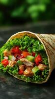 Freshly made chicken wrap filled with vibrant vegetables is perfect for a healthy meal option photo