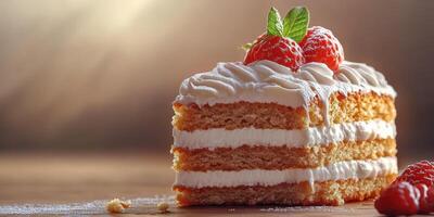 Delicious cake with fresh strawberries and cream served on a wooden table photo