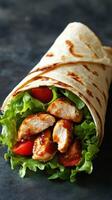 Wrap filled with grilled chicken, fresh lettuce, and tomatoes on a dark background photo