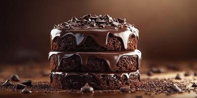 Delicious dark chocolate cake layers with glossy frosting and chocolate shavings at a warm kitchen setting photo