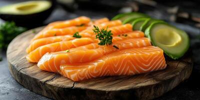 Freshly sliced salmon fillets arranged beautifully on a rustic wooden board with avocado and cucumber garnish photo