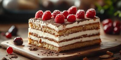 Delicious layered cake topped with fresh raspberries served on a wooden board photo