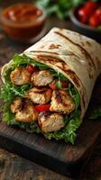 Grilled chicken wrap with fresh vegetables on a wooden cutting board in a cozy kitchen setting photo