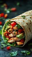 Fresh chicken wrap with vegetables and herbs, perfect for a quick and healthy meal option at lunchtime photo