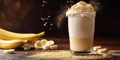 Delicious banana smoothie topped with cream and crushed nuts is prepared in a cozy kitchen setting photo