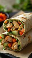 Freshly wrapped chicken and vegetable tortillas with a healthy filling prepared for a nutritious meal photo