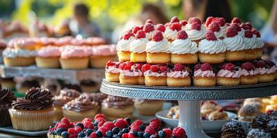 Delicious array of colorful cupcakes and pastries at a lively outdoor event in sunny weather photo