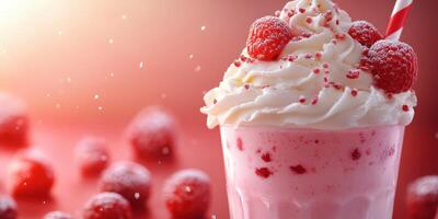 Delicious strawberry milkshake topped with whipped cream and fresh raspberries in a vibrant setting photo