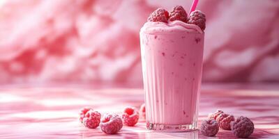 Delicious creamy raspberry smoothie served in a tall glass with fresh berries on a marble countertop photo