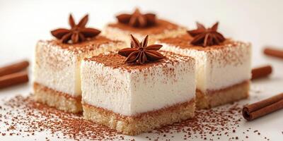 Dessert squares topped with cocoa and star anise arranged on a white background photo