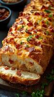 Savory cheese and bacon bread loaf sliced and garnished with fresh herbs ready for sharing photo