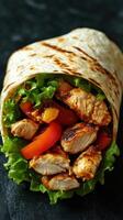 Freshly wrapped chicken and vegetable tortilla served on a textured dark background photo