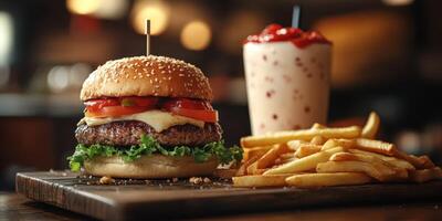 Juicy hamburger with fresh toppings, crispy fries, and a milkshake served on a wooden table at a cozy diner photo