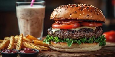 Delicious burger with fresh tomatoes, lettuce, and a creamy sauce served with fries and a milkshake photo
