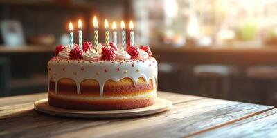 Delicious birthday cake with candles and fresh raspberries in a cozy interior setting photo