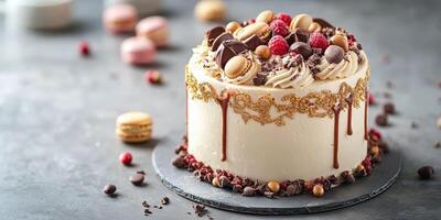 Delicious dessert display featuring a decadent cake artfully decorated with macarons and berries photo