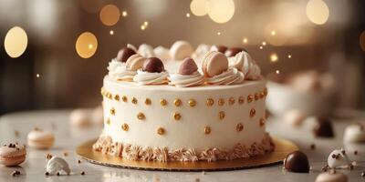 Elegant cake adorned with macarons and chocolate truffles in a cozy setting during a festive celebration photo
