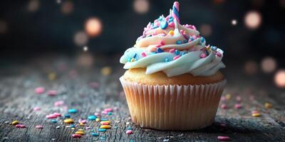 Colorful cupcake with frosting and sprinkles on a wooden surface decorated with confetti photo