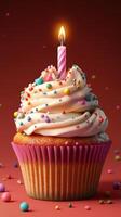 Celebratory cupcake with frosting, sprinkles, and a candle, perfect for birthdays or festive occasions photo