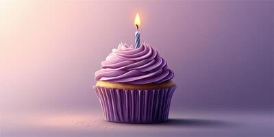 Delightful lavender cupcake with a single candle glowing softly against a purple backdrop photo