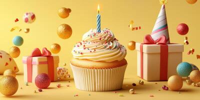 Colorful birthday cupcake surrounded by gifts and festive decorations on a bright yellow background photo
