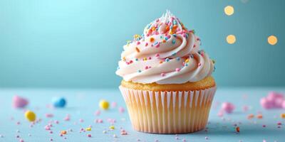 Colorful cupcake with frosting and sprinkles on a light blue background during a festive celebration photo