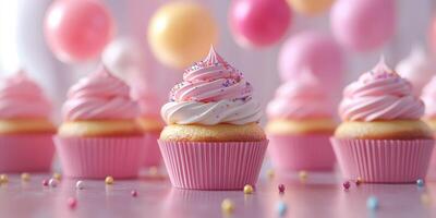 Delightful pink frosted cupcakes arranged for a festive celebration with colorful decorations in the background photo