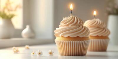 Delicious cupcakes with candles on a sunny table in a cozy kitchen setting for a celebration photo