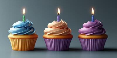 Colorful cupcakes with lit candles arranged elegantly on a gray background for a celebration photo