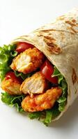 Delicious wrap with crispy chicken, fresh lettuce, and ripe tomatoes ready for lunch or a quick snack photo