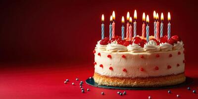 Birthday celebration featuring a decorated cake with candles and red background photo