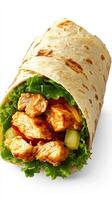 Delicious grilled chicken wrap with fresh vegetables and tangy sauce served in a warm tortilla photo