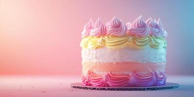 Colorful layered cake with swirled frosting displayed on a stand in a softly lit setting photo