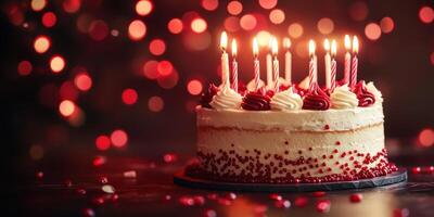 Sweet birthday cake with lit candles surrounded by festive decorations on a celebratory evening in a cozy setting photo