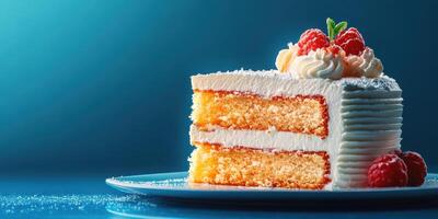 Delicious layered vanilla cake with fresh raspberries on a bright blue background photo