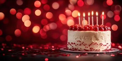 Celebration cake with lit candles and festive background during a joyful birthday party photo