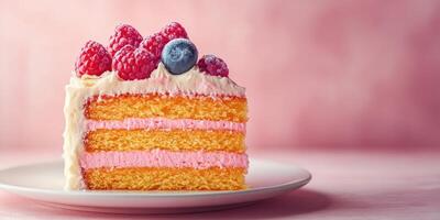 Delicious raspberry and blueberry layer cake served on a plate with a soft pink background photo
