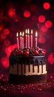 Delicious chocolate cake with candles and festive decorations illuminating special occasion photo