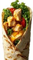 Flavorful grilled chicken wrap filled with fresh vegetables and cheese for a delicious meal photo