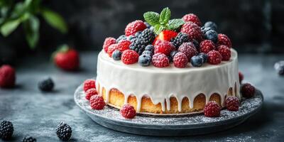 Delicious cake topped with fresh berries and mint served on a dark textured surface photo