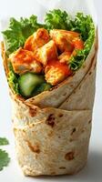 Delicious wrap filled with tender chicken, fresh lettuce, and sliced cucumbers ready to eat photo