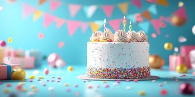 Festive birthday cake with colorful decorations and candles in a cheerful party setting photo